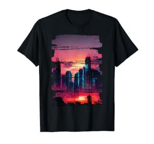 city skyline cyberpunk aesthetic japanese streetwear theme t-shirt