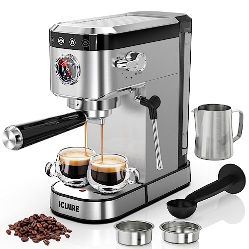 ICUIRE Espresso Machine 20 Bar, Stainless Steel Espresso Maker with Milk Frothing Pitcher, Professional Cappuccino Machine with Milk Frother semi-automatic espresso machine with 1.1L Water Tank