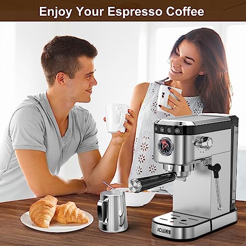 ICUIRE Espresso Machine 20 Bar, Stainless Steel Espresso Maker with Milk Frothing Pitcher, Professional Cappuccino Machine with Milk Frother semi-automatic espresso machine with 1.1L Water Tank