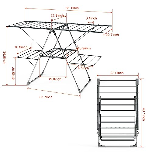 Bigzzia Clothes Drying Rack, 2-Level Laundry Drying Rack Collapsible, Free-Standing 56-inch Large Drying Rack, Height-Adjustable Wings, Stainless Steel Drying Rack Clothing Foldable for Indoor Outdoor