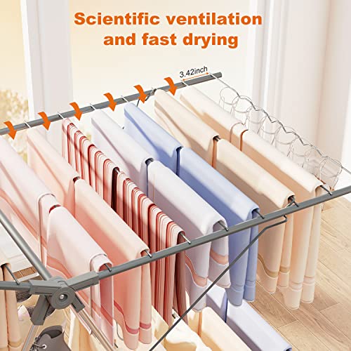 Bigzzia Clothes Drying Rack, 2-Level Laundry Drying Rack Collapsible, Free-Standing 56-inch Large Drying Rack, Height-Adjustable Wings, Stainless Steel Drying Rack Clothing Foldable for Indoor Outdoor