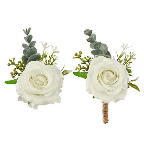 White Ivory Wrist Corsage and Boutonniere Set Bride Bridesmaid Hand Flower Corsage Wristlet Men Boutonniere for Wedding Party Prom Decorations