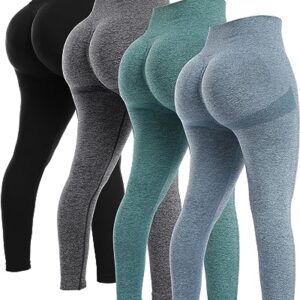 NORMOV 4 Piece Butt Lifting Workout Leggings for Women, Seamless Gym Scrunch Booty Lifting Sets(Black/Blue/Grey/Forest Green, M)