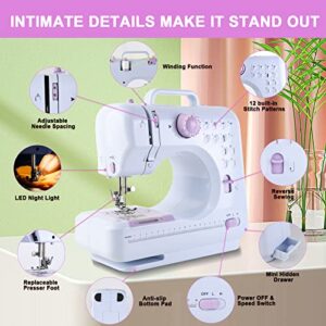 JUCVNB Mini Sewing Machine for Beginners and Kids, Sewing Machines with Reverse Sewing and 12 Built-in Stitches, Portable Sewing Machine
