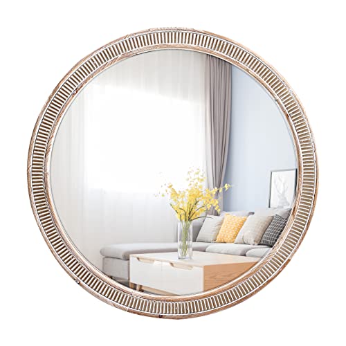 HOITUZYUS 24'' Round Wood Mirror Decorative Mirrors, Farmhouse Circle Mirror Distressed Hanging Mirrors Rustic Wall Accent Mirror for Washroom, Bedroom, Living Room, Bathroom Vanity