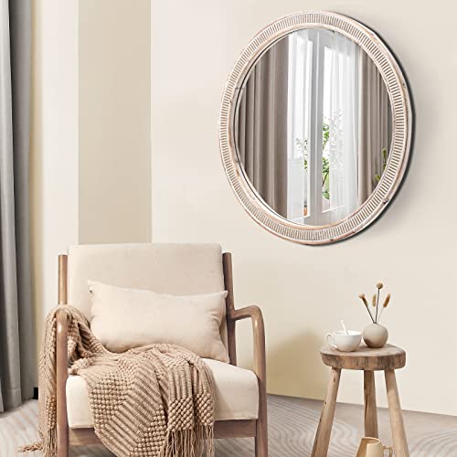 HOITUZYUS 24'' Round Wood Mirror Decorative Mirrors, Farmhouse Circle Mirror Distressed Hanging Mirrors Rustic Wall Accent Mirror for Washroom, Bedroom, Living Room, Bathroom Vanity