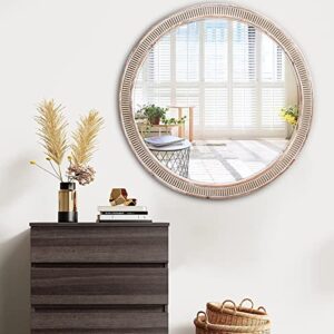 HOITUZYUS 24'' Round Wood Mirror Decorative Mirrors, Farmhouse Circle Mirror Distressed Hanging Mirrors Rustic Wall Accent Mirror for Washroom, Bedroom, Living Room, Bathroom Vanity