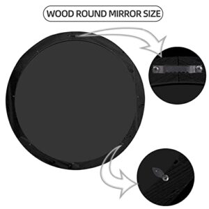 HOITUZYUS 24'' Round Wood Mirror Decorative Mirrors, Farmhouse Circle Mirror Distressed Hanging Mirrors Rustic Wall Accent Mirror for Washroom, Bedroom, Living Room, Bathroom Vanity