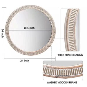 HOITUZYUS 24'' Round Wood Mirror Decorative Mirrors, Farmhouse Circle Mirror Distressed Hanging Mirrors Rustic Wall Accent Mirror for Washroom, Bedroom, Living Room, Bathroom Vanity