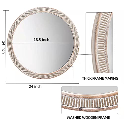 HOITUZYUS 24'' Round Wood Mirror Decorative Mirrors, Farmhouse Circle Mirror Distressed Hanging Mirrors Rustic Wall Accent Mirror for Washroom, Bedroom, Living Room, Bathroom Vanity