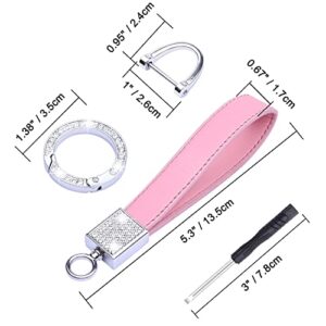 Wisdompro Bling Leather Car Keychain, Universal Genuine Leather Car Keys Keychain Key FOB Keychain, Key Chains Women for Car Keys with Anti-lost D-ring and 2 Keyrings - Pink