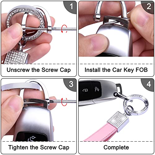 Wisdompro Bling Leather Car Keychain, Universal Genuine Leather Car Keys Keychain Key FOB Keychain, Key Chains Women for Car Keys with Anti-lost D-ring and 2 Keyrings - Pink