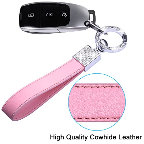 Wisdompro Bling Leather Car Keychain, Universal Genuine Leather Car Keys Keychain Key FOB Keychain, Key Chains Women for Car Keys with Anti-lost D-ring and 2 Keyrings - Pink