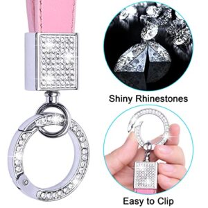 Wisdompro Bling Leather Car Keychain, Universal Genuine Leather Car Keys Keychain Key FOB Keychain, Key Chains Women for Car Keys with Anti-lost D-ring and 2 Keyrings - Pink