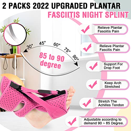 Wociud 2 Pack Plantar Fasciitis Night Splint, Upgrade 3 Adjustable straps Relief for Women & Men, Brace, Achilles Tendonitis and Foot Drop. (Pink)