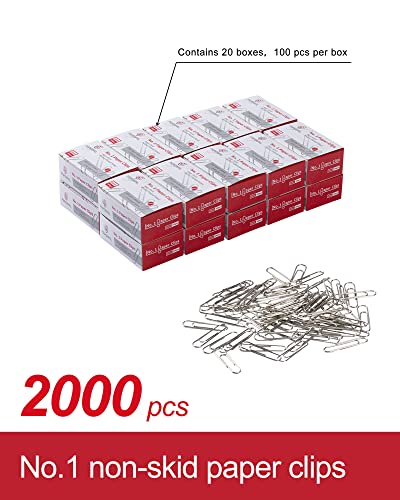 PAPERPAL #1 Nonskid Paper Clips, 2000 Medium Paper Clips (20 Boxes of 100 Each), Bulk Paperclips for Office School & Personal Use, Daily DIY, 1-2/7" Silver Heavy Duty Non-Skid Paper Clip Standard Size