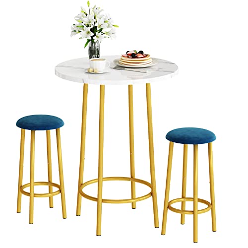DKLGG 3 Piece Bar Table Set, Small Kitchen Table Set for 2, 24'' Round Pub Height Table Set with Faux Marble Table and 2 Stools Breakfast Nook Dining Table Set for Small Spaces, Dining Room, Blue