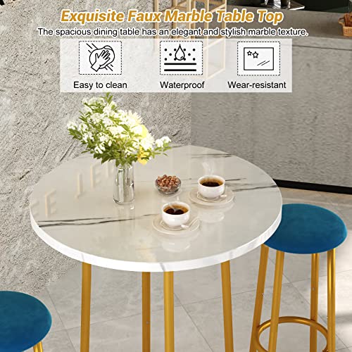 DKLGG 3 Piece Bar Table Set, Small Kitchen Table Set for 2, 24'' Round Pub Height Table Set with Faux Marble Table and 2 Stools Breakfast Nook Dining Table Set for Small Spaces, Dining Room, Blue