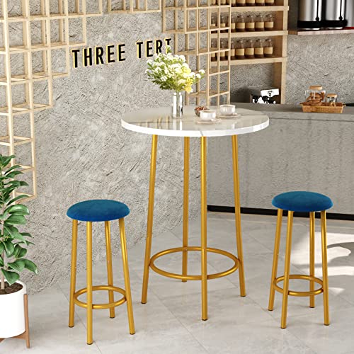 DKLGG 3 Piece Bar Table Set, Small Kitchen Table Set for 2, 24'' Round Pub Height Table Set with Faux Marble Table and 2 Stools Breakfast Nook Dining Table Set for Small Spaces, Dining Room, Blue