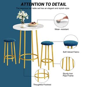 DKLGG 3 Piece Bar Table Set, Small Kitchen Table Set for 2, 24'' Round Pub Height Table Set with Faux Marble Table and 2 Stools Breakfast Nook Dining Table Set for Small Spaces, Dining Room, Blue