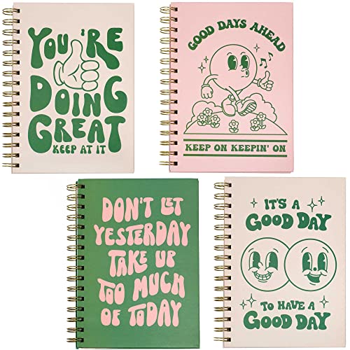 Pink Green Aesthetic Hardcover Notebooks for Work, A5 size 5.8 x 8.3 inch, Cute Notebooks for School 4 Pack, Retro Notebooks College Ruled, Cute Spiral Journal for Women, Kids Back to School Notebook