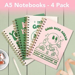 Pink Green Aesthetic Hardcover Notebooks for Work, A5 size 5.8 x 8.3 inch, Cute Notebooks for School 4 Pack, Retro Notebooks College Ruled, Cute Spiral Journal for Women, Kids Back to School Notebook
