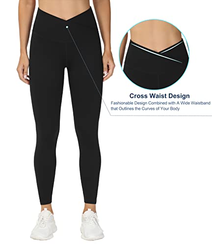 Women's V Cross Waist Yoga Leggings High Waisted Tummy Control Workout Running Pants Black