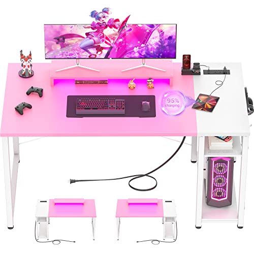 armocity 47 Gaming Computer Desk with LED Lights, Power Outlet and USB, Reversible Laptop Table with Moveable Monitor Stand for Small Spaces, Office, Gaming Room, Pink and White