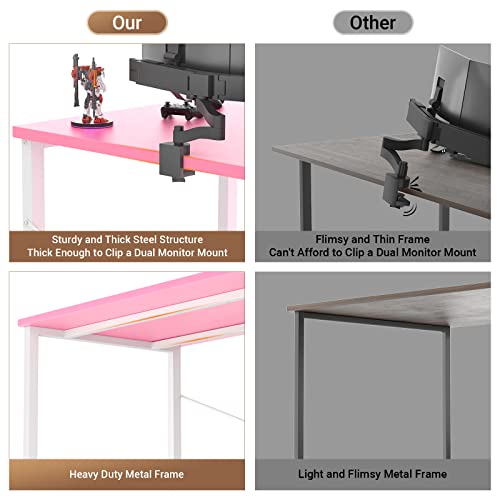 armocity 47 Gaming Computer Desk with LED Lights, Power Outlet and USB, Reversible Laptop Table with Moveable Monitor Stand for Small Spaces, Office, Gaming Room, Pink and White