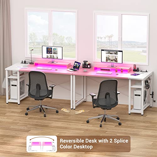 armocity 47 Gaming Computer Desk with LED Lights, Power Outlet and USB, Reversible Laptop Table with Moveable Monitor Stand for Small Spaces, Office, Gaming Room, Pink and White