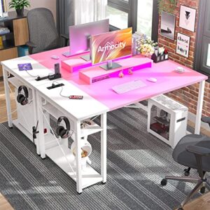 armocity 47 Gaming Computer Desk with LED Lights, Power Outlet and USB, Reversible Laptop Table with Moveable Monitor Stand for Small Spaces, Office, Gaming Room, Pink and White