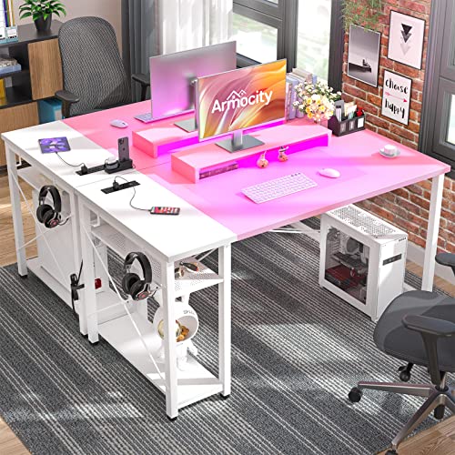 armocity 47 Gaming Computer Desk with LED Lights, Power Outlet and USB, Reversible Laptop Table with Moveable Monitor Stand for Small Spaces, Office, Gaming Room, Pink and White