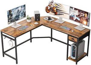 furologee l shaped computer desk with drawer and shelves, 59"large corner desk with 2 hooks, gaming desk modern office desk writing study table workstation for home office, space-saving, rustic brown
