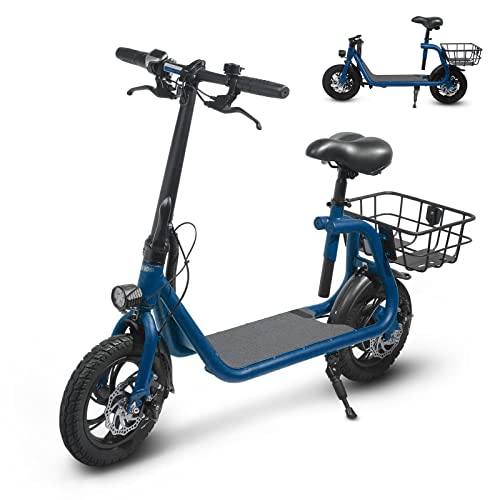 SEHOMY Foldable E Scooter with Adjustable Seat, 2 Wheels Scooters 450W Motor Battery, Lightweight Electric Moped for Adults Commuter - 15.5MPH, 20 Mile Range, Blue, 265lbs