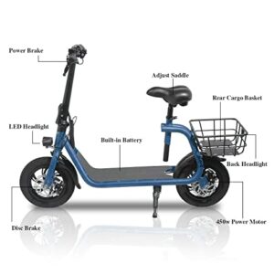 SEHOMY Foldable E Scooter with Adjustable Seat, 2 Wheels Scooters 450W Motor Battery, Lightweight Electric Moped for Adults Commuter - 15.5MPH, 20 Mile Range, Blue, 265lbs