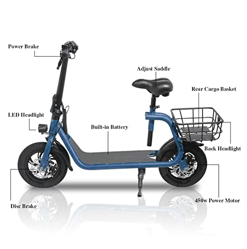 SEHOMY Foldable E Scooter with Adjustable Seat, 2 Wheels Scooters 450W Motor Battery, Lightweight Electric Moped for Adults Commuter - 15.5MPH, 20 Mile Range, Blue, 265lbs