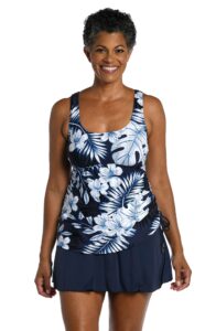 maxine of hollywood -women's standard shirred skirted swim dress one piece swimsuit, indigo//moonlight tropics, 16