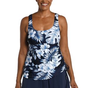 Maxine Of Hollywood -Women's Standard Shirred Skirted Swim Dress One Piece Swimsuit, Indigo//Moonlight Tropics, 16