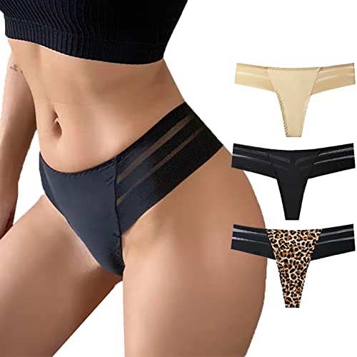 chelectnis Women Thongs Underwear Sexy Lace Bikini Panties Low Rise T Back Seamless Thongs,3 Pack,No Show Stretch Hipster