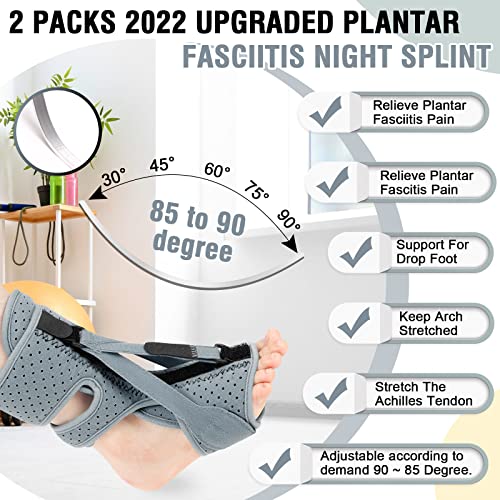 2 Pack Plantar Fasciitis Night Splint, Upgrade 3 Adjustable straps Relief for Women & Men, Brace, Achilles Tendonitis and Foot Drop (Grey)