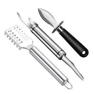 shrimp deveiner tool, 3 in 1 shrimp peeler pack of 3, oyster shucking knife, fish scaler remover, stainless steel seafood tools set, home kitchen creative tools, silver