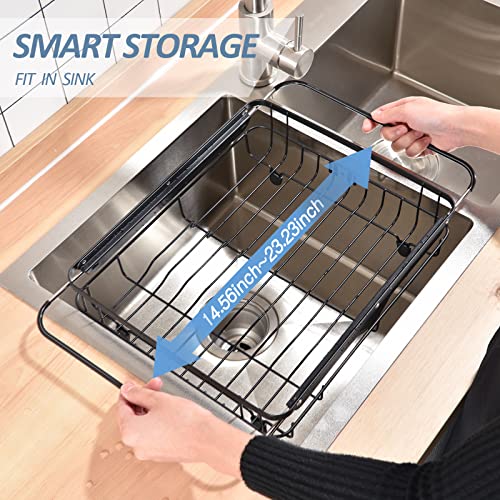 TOOLF Expandable Large Dish Rack, Dish Drying Rack Over The Sink, Adjustable Dish Rack in Sink or On Counter Dish Drainer with Utensil Holder Rustproof for Kitchen