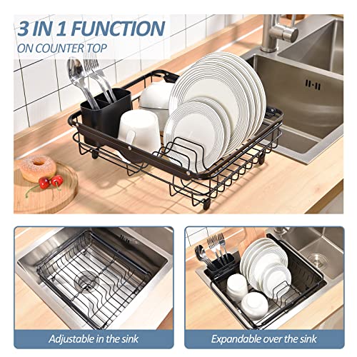 TOOLF Expandable Large Dish Rack, Dish Drying Rack Over The Sink, Adjustable Dish Rack in Sink or On Counter Dish Drainer with Utensil Holder Rustproof for Kitchen