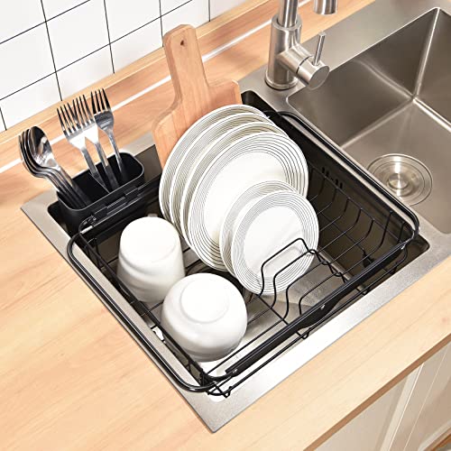 TOOLF Expandable Large Dish Rack, Dish Drying Rack Over The Sink, Adjustable Dish Rack in Sink or On Counter Dish Drainer with Utensil Holder Rustproof for Kitchen