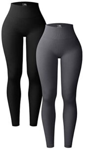 oqq women's 2 piece yoga legging ribbed seamless workout high waist athletic pant, black darkgrey, small