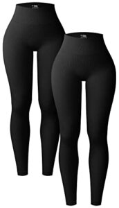 oqq women's 2 piece yoga legging ribbed seamless workout high waist athletic pant, black black, large