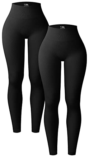 OQQ Women's 2 Piece Yoga Legging Ribbed Seamless Workout High Waist Athletic Pant, Black Black, Large