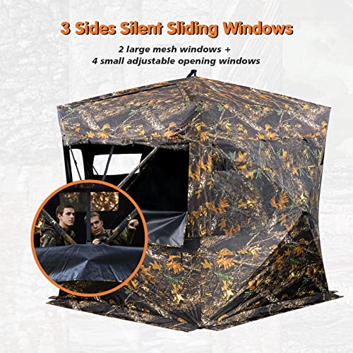 GearOZ Hunting Blind, See Through Ground Blinds for Deer Hunting 3-4 Person Pop Up Tent Turkey Blind for Bow Hunting 270°, Portable Durable Deer Blind for Hog Turkey Duck Hunting