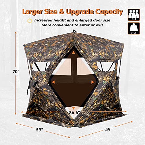 GearOZ Hunting Blind, See Through Ground Blinds for Deer Hunting 3-4 Person Pop Up Tent Turkey Blind for Bow Hunting 270°, Portable Durable Deer Blind for Hog Turkey Duck Hunting