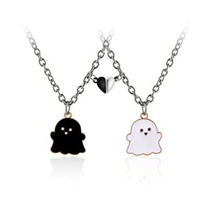 2Pcs Lovely Magnetic Love Heart Ghost Pendant Necklace Set for Women Men Friend Girl Boy Teen Enamel Mutual Attract Magnet Couple Matching Necklace Halloween Jewelry Birthday BFF Gift-A black white